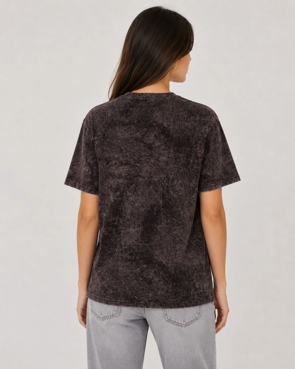 Kadın Yıkamalı Washed Effect Tişört Bisiklet Yaka Sokak Stil Kısa Kol T-Shirt - Siyah