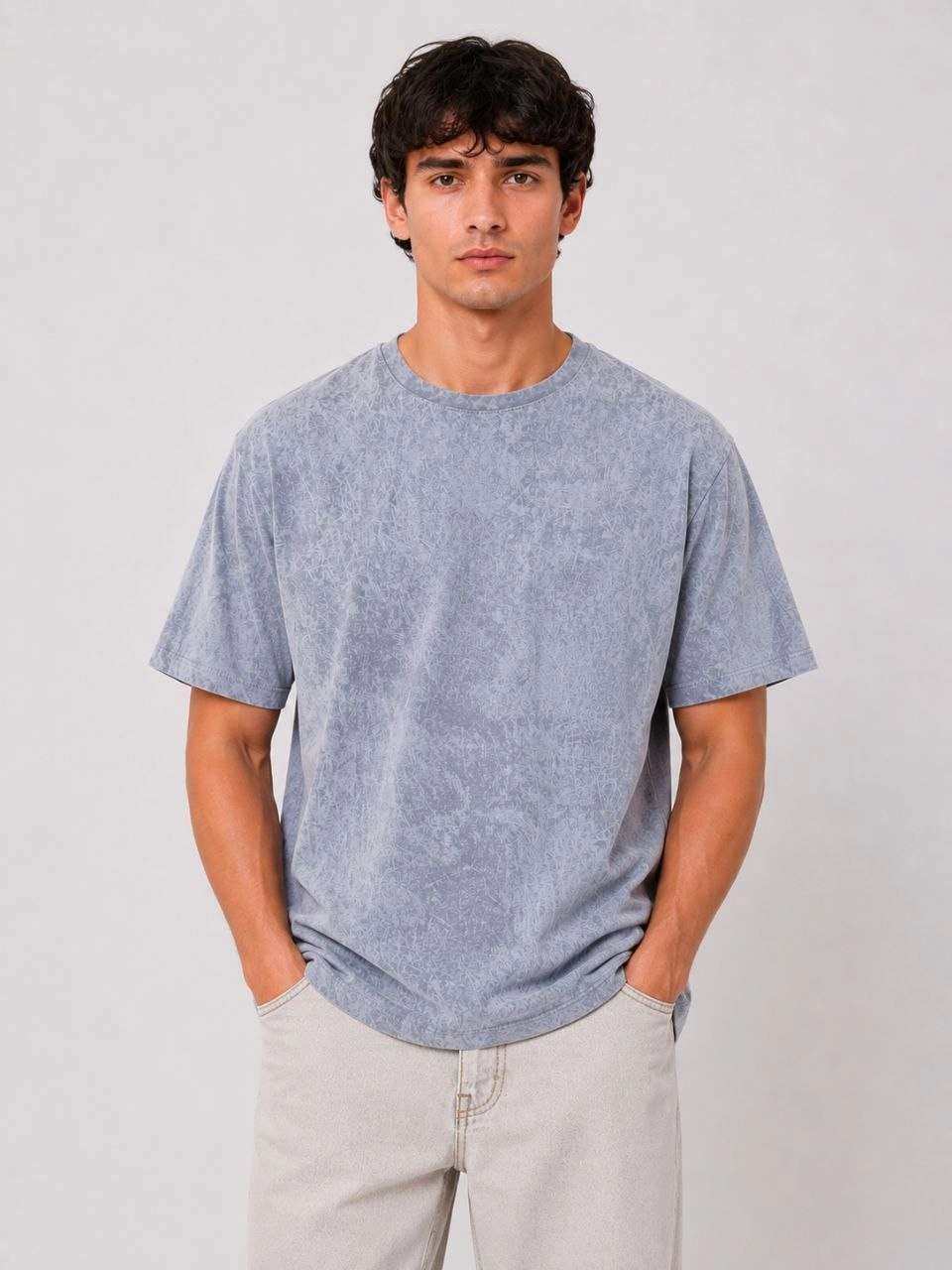 Erkek Yıkamalı Washed Effect Tişört Bisiklet Yaka Sokak Stil Kısa Kol T-Shirt - Gri