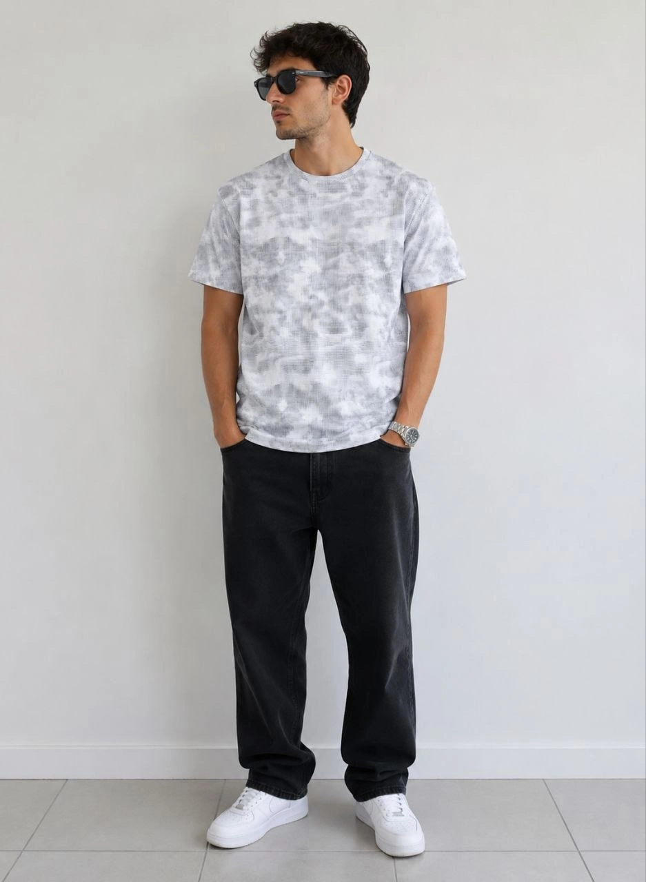 Erkek Batik Desenli Tişört Bisiklet Yaka Kısa Kol Regular Fit T-shirt - Gri