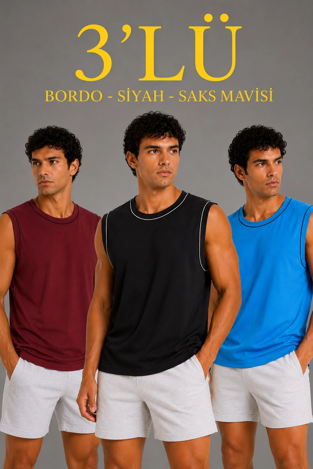 Erkek 3 lü Kolsuz Sporcu Atlet Seti Yazlık Bisiklet Yaka - Siyah, Bordo, Turkuaz