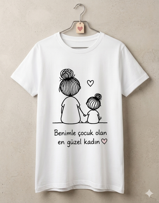 ASSEMA Anneler Gününe Özel Benimle Çocuk Olan En Güzel Kadın Baskılı T-shirt