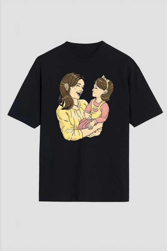 ASSEMA Anneler Gününe Özel Tasarım Anne Kız Baskılı T-shirt - Siyah