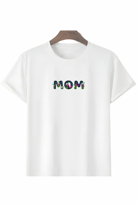 ASSEMA Anneler Gününe Özel Tasarım mom Çiçek Baskılı T-shirt - Beyaz