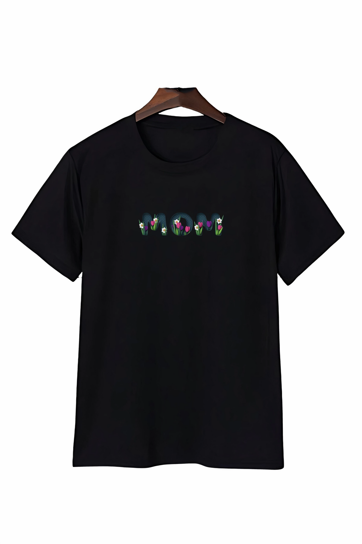 ASSEMA Anneler Gününe Özel Tasarım mom Çiçek Baskılı T-shirt - Siyah