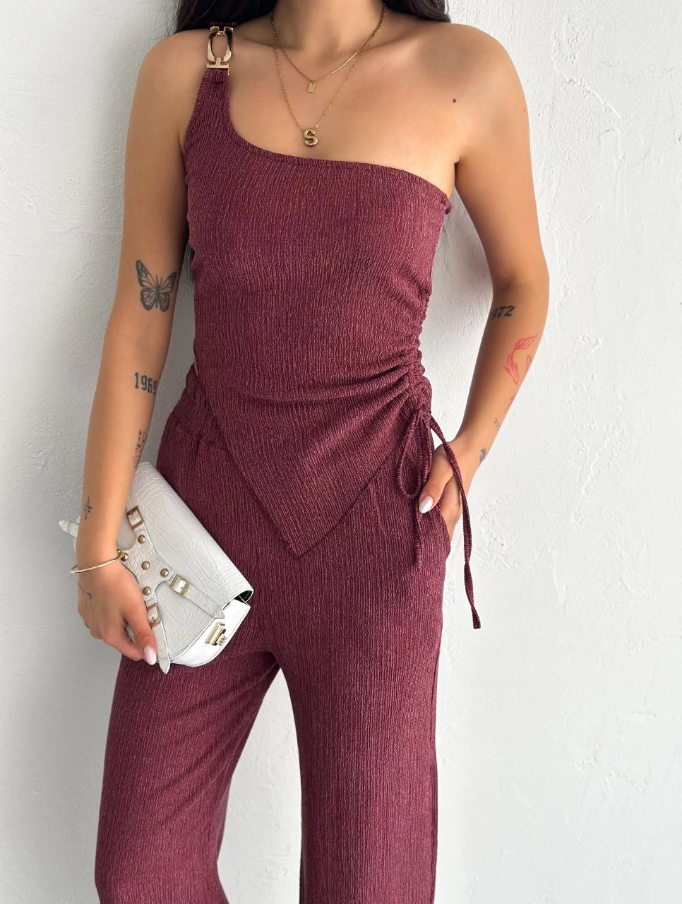 ASSEMA Asimetrik Crop Pantalon ikili Takım - Gül Kurusu