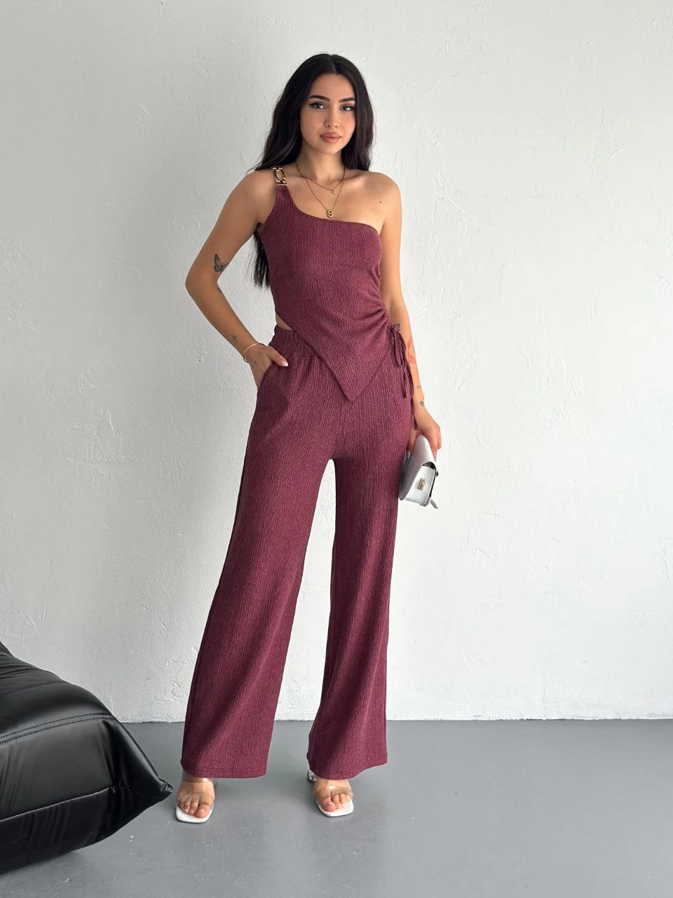 ASSEMA Asimetrik Crop Pantalon ikili Takım - Gül Kurusu