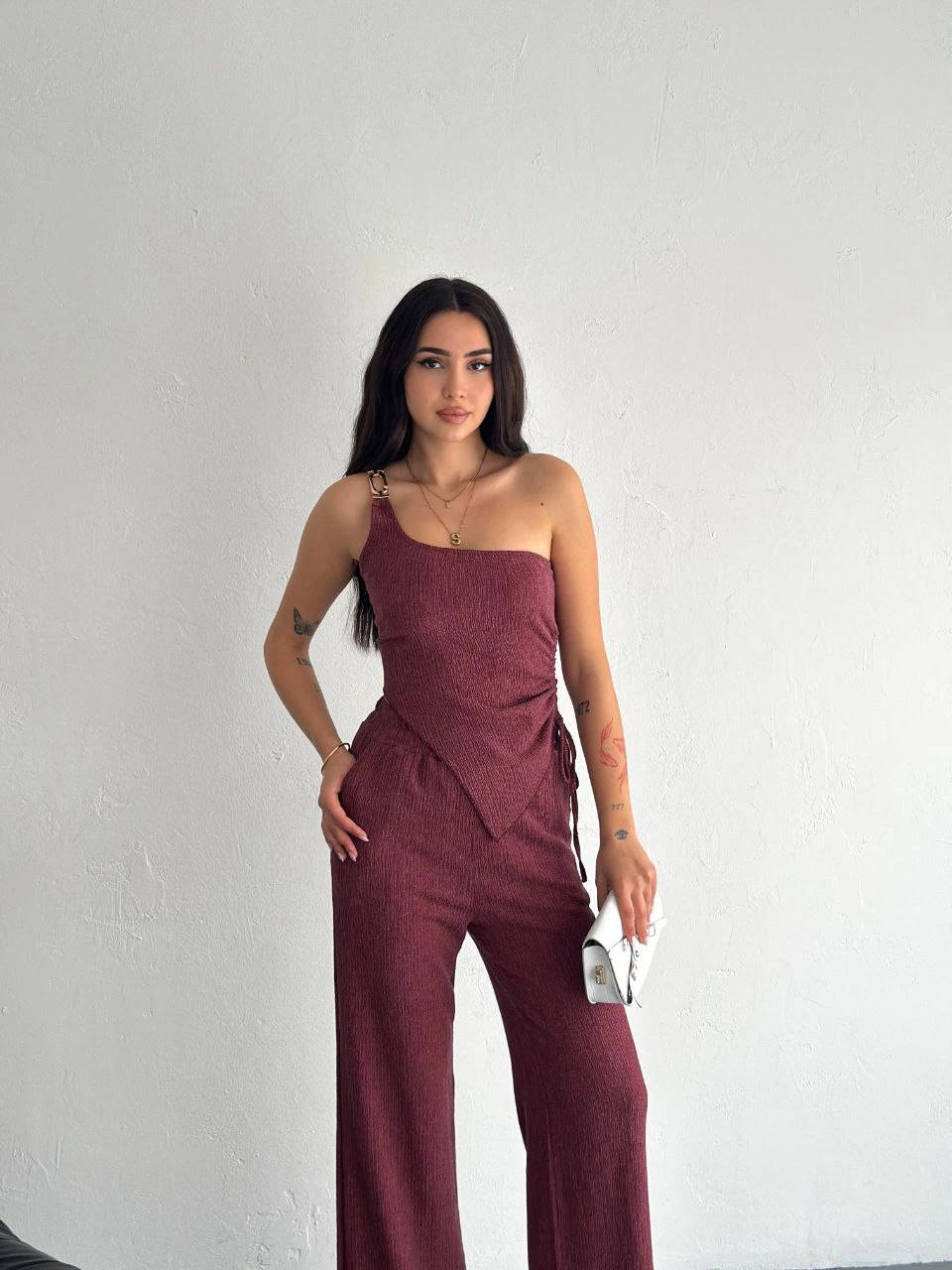 ASSEMA Asimetrik Crop Pantalon ikili Takım - Gül Kurusu