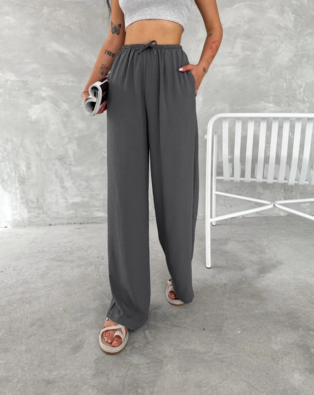 ASSEMA Kadın Ayrobin Oversize Kadın Pantalon - Füme