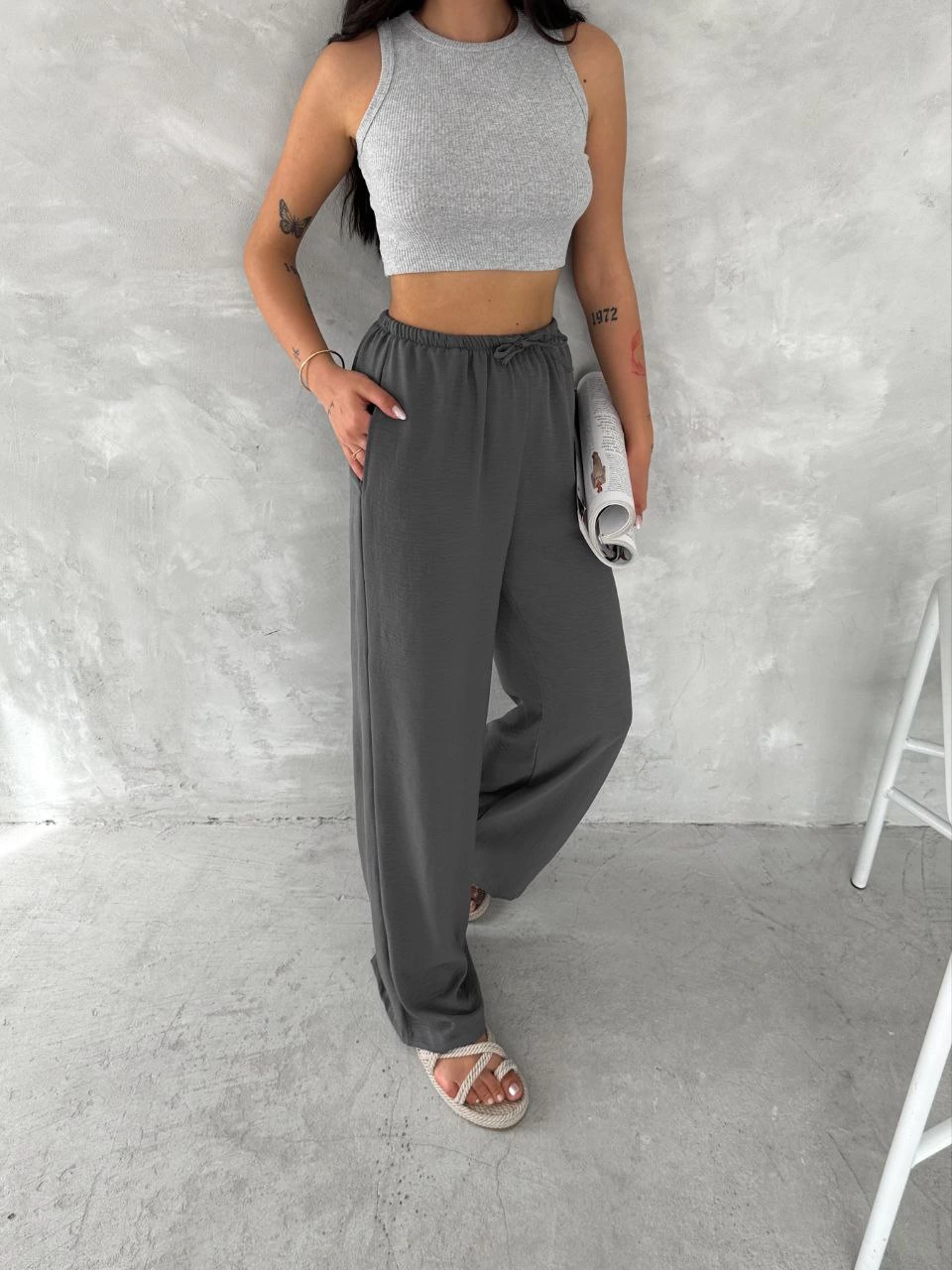 ASSEMA Kadın Ayrobin Oversize Kadın Pantalon - Füme