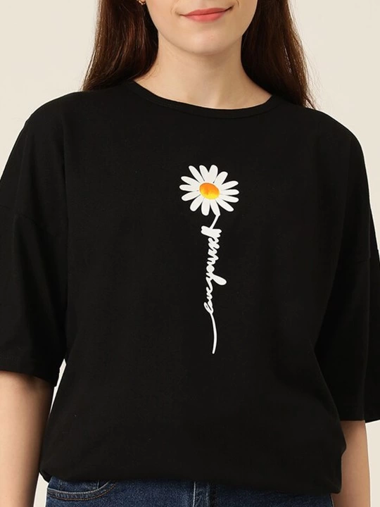 ASSEMA Kadın Baskılı T-Shirt Kısa Kol Bisiklet Yaka Ovarsize Rahat Kalıp Tişört - Siyah