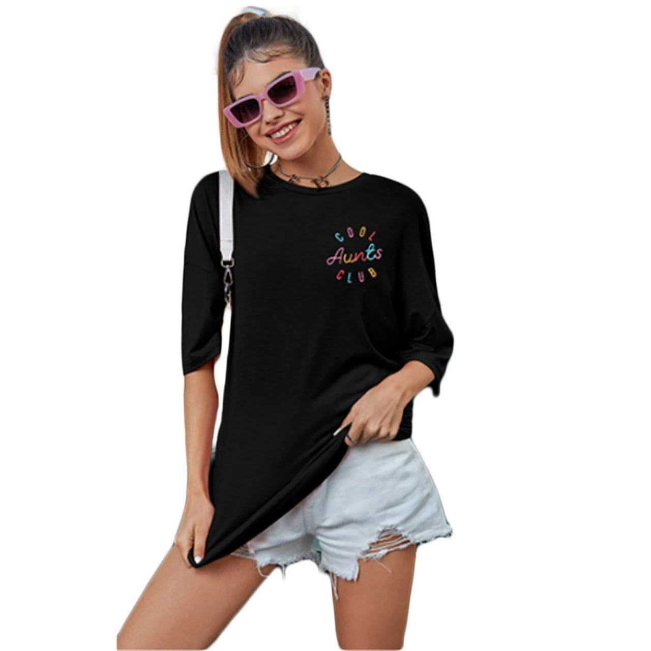 ASSEMA Kadın Baskılı  Ovarsize Kısa kol T-shirt - Siyah