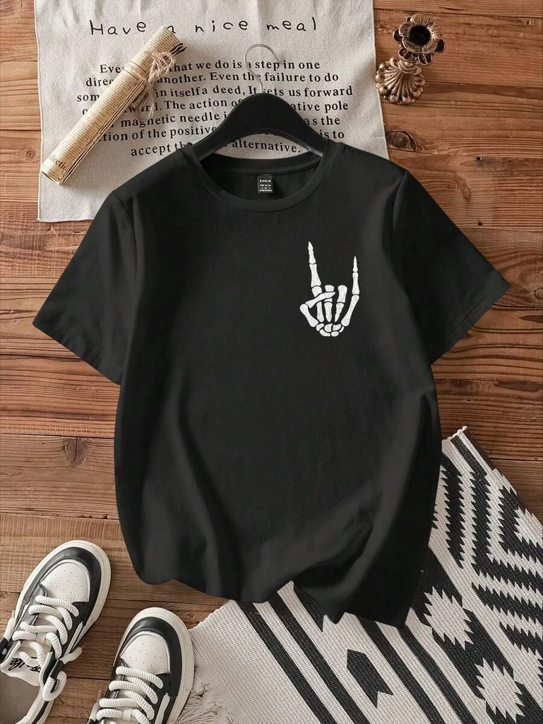 ASSEMA Kadın Baskılı T-Shirt Kısa Kol Bisiklet Yaka Ovarsize Rahat Kalıp Tişört -  Siyah
