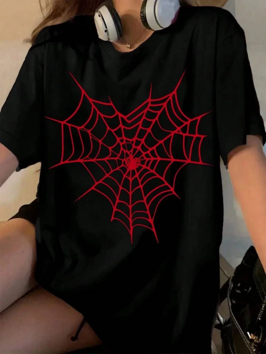 ASSEMA Kadın Baskılı T-Shirt Kısa Kol Bisiklet Yaka Ovarsize Rahat Kalıp Tişört -  Siyah