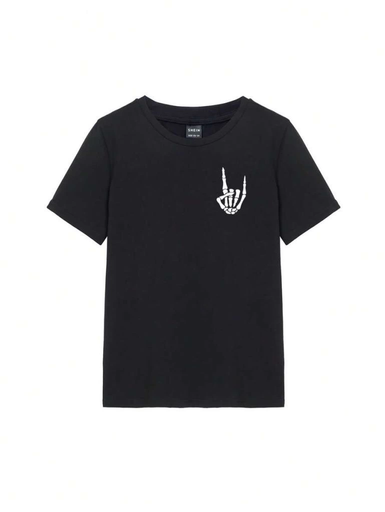 ASSEMA Kadın Baskılı T-Shirt Kısa Kol Bisiklet Yaka Ovarsize Rahat Kalıp Tişört -  Siyah