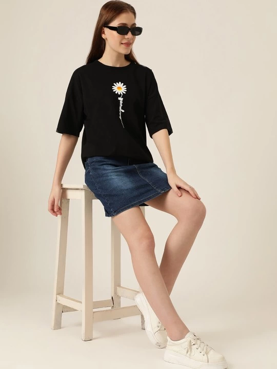 ASSEMA Kadın Baskılı T-Shirt Kısa Kol Bisiklet Yaka Ovarsize Rahat Kalıp Tişört - Siyah