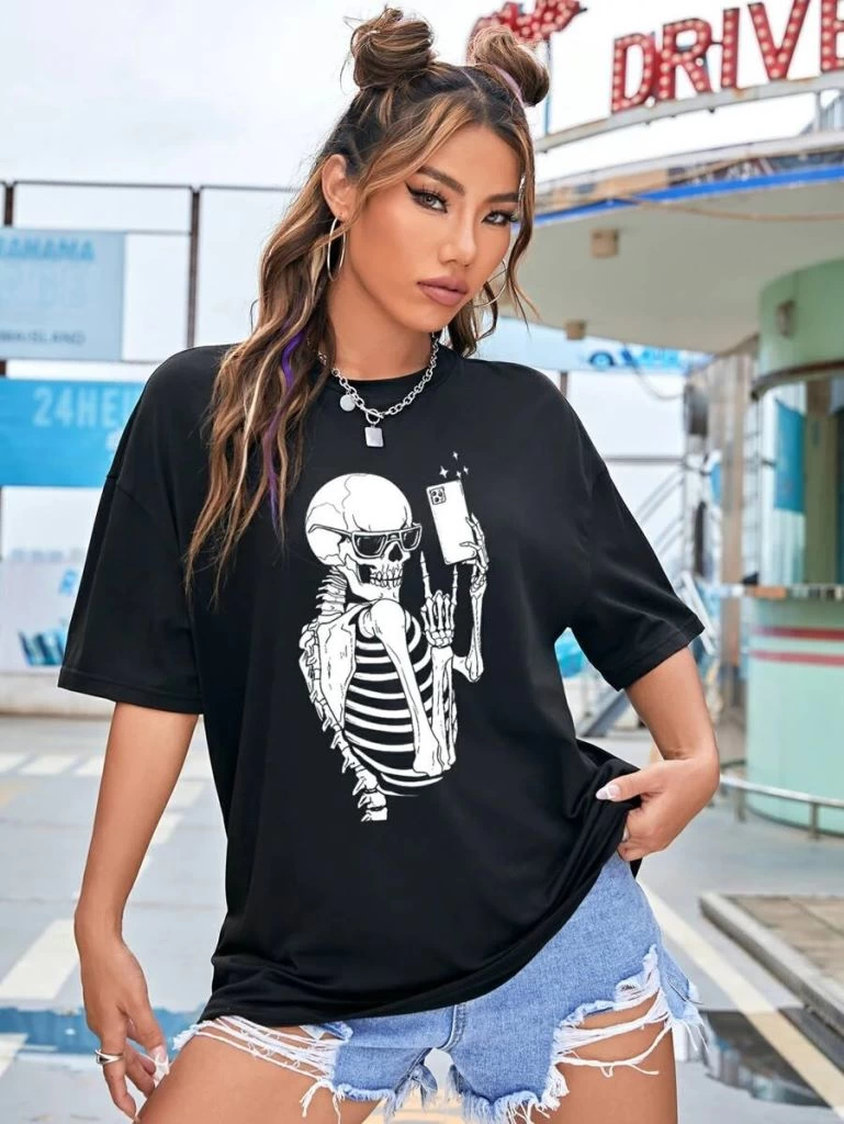 ASSEMA Kadın Baskılı T-Shirt Kısa Kol Bisiklet Yaka Ovarsize Rahat Kalıp Tişört -  Siyah