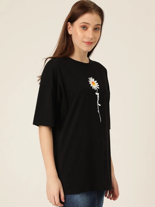 ASSEMA Kadın Baskılı T-Shirt Kısa Kol Bisiklet Yaka Ovarsize Rahat Kalıp Tişört - Siyah