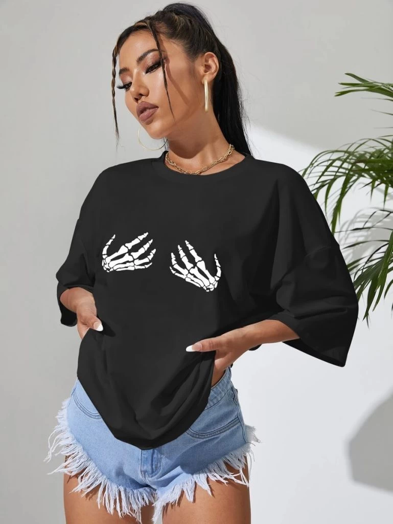 ASSEMA Baskılı Kadın Kısa kol  T-shirt - Siyah