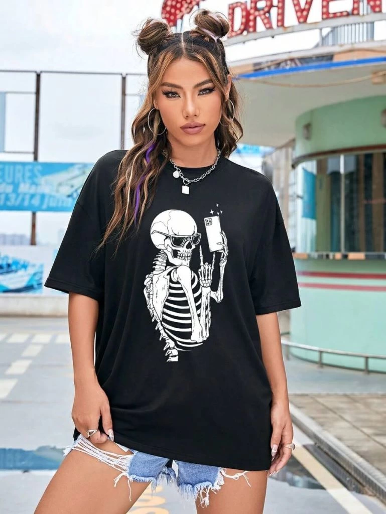 ASSEMA Kadın Baskılı T-Shirt Kısa Kol Bisiklet Yaka Ovarsize Rahat Kalıp Tişört -  Siyah