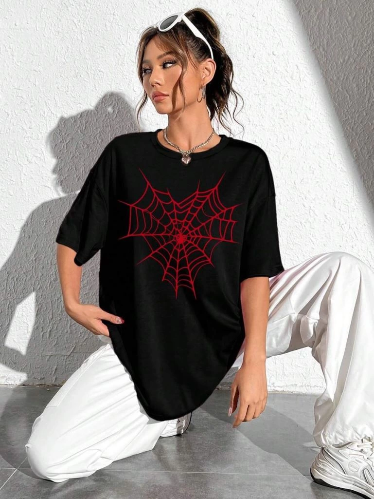 ASSEMA Kadın Baskılı T-Shirt Kısa Kol Bisiklet Yaka Ovarsize Rahat Kalıp Tişört -  Siyah