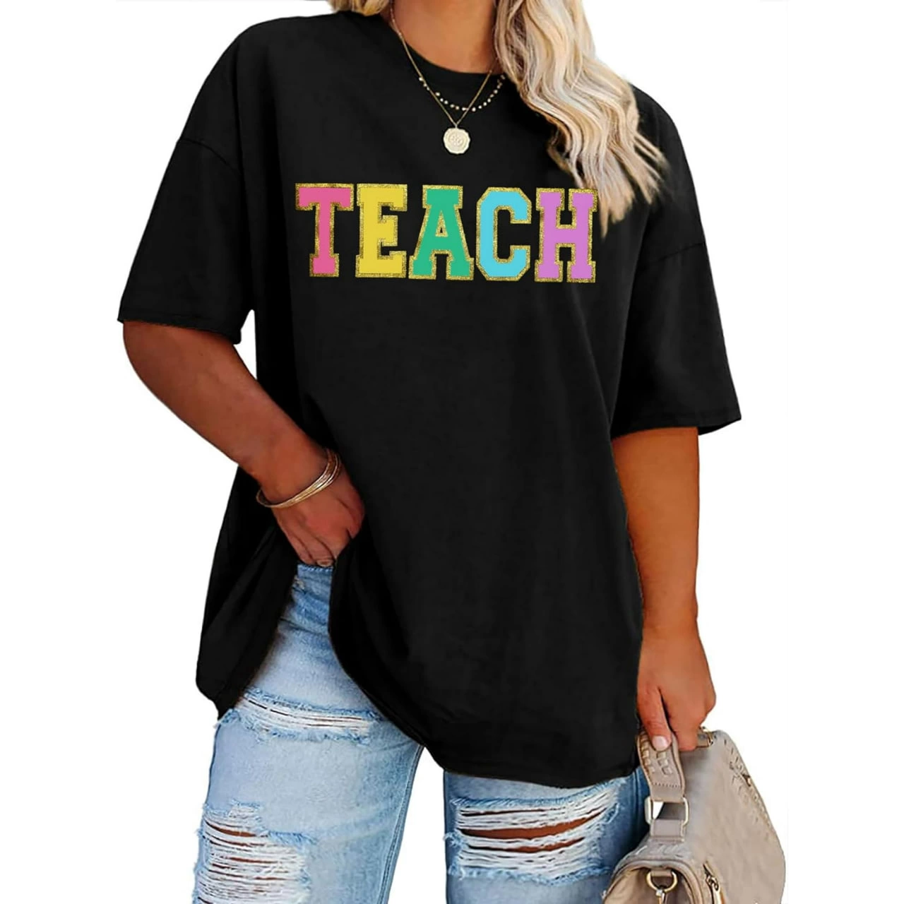 ASSEMA Kadın Baskılı T-Shirt Kısa Kol Bisiklet Yaka Ovarsize Rahat Kalıp Tişört -  Siyah