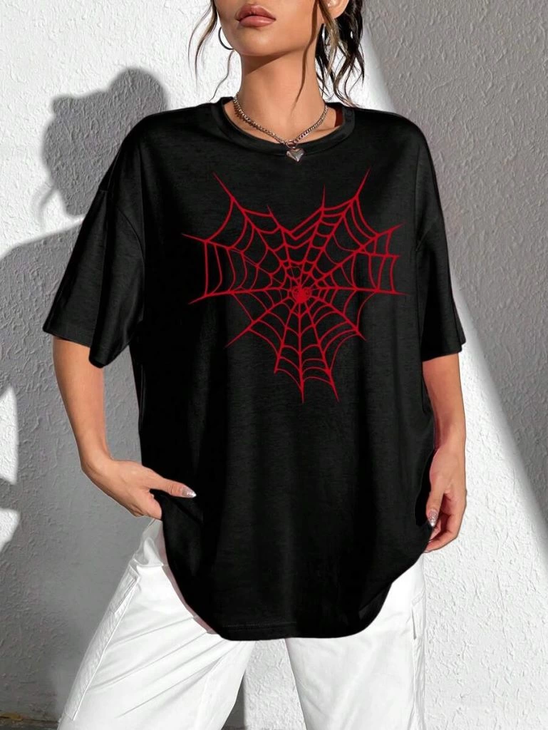 ASSEMA Kadın Baskılı T-Shirt Kısa Kol Bisiklet Yaka Ovarsize Rahat Kalıp Tişört -  Siyah