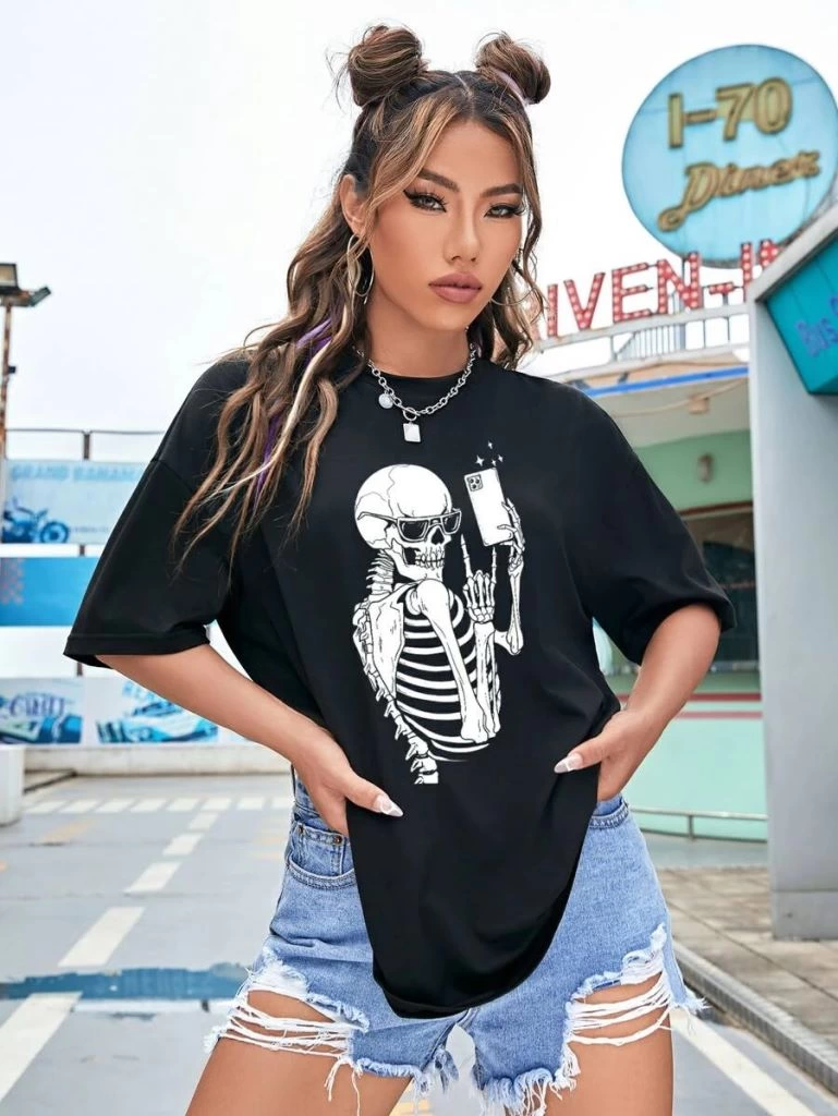 ASSEMA Kadın Baskılı T-Shirt Kısa Kol Bisiklet Yaka Ovarsize Rahat Kalıp Tişört -  Siyah