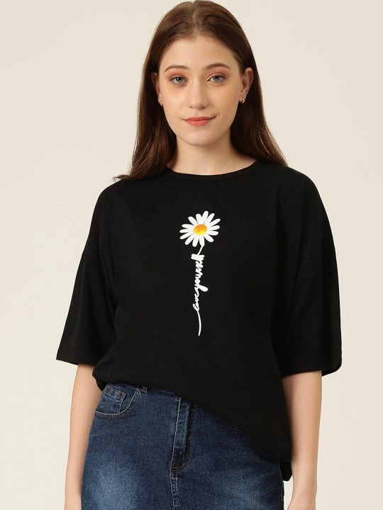 ASSEMA Kadın Baskılı T-Shirt Kısa Kol Bisiklet Yaka Ovarsize Rahat Kalıp Tişört - Siyah