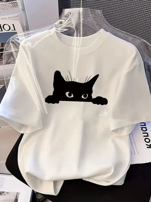ASSEMA Kadınlar için Siyah Kedi Grafik Tişört - Oversize Kısa Kollu Üst Nefes Alabilir - Beyaz