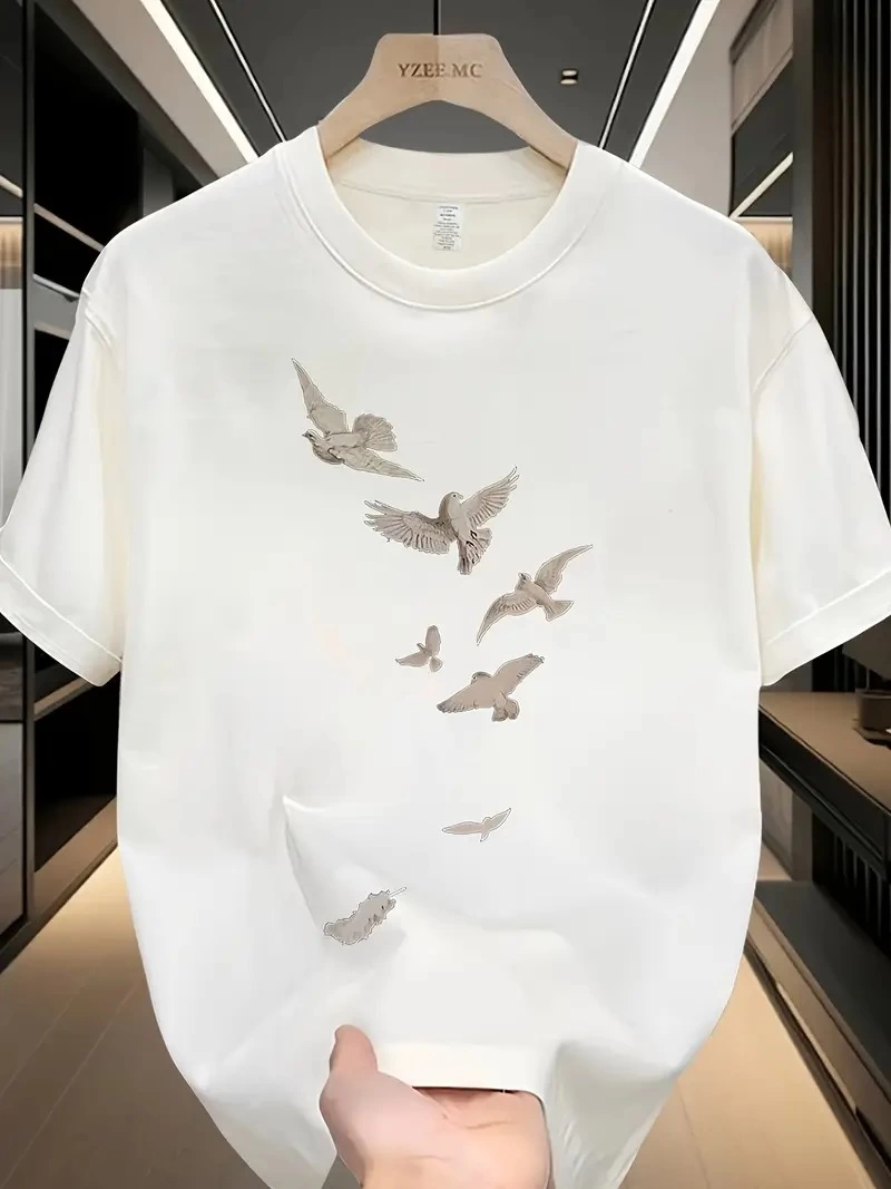 ASSEMA ERKEK Bisiklet yaka Tişort Özgür kuşlar Baskılı kısa kol T-shirt - Beyaz