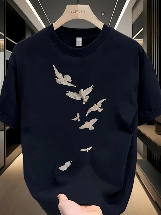 ASSEMA ERKEK Bisiklet Yaka Tişort Özgür kuşlar Baskılı kısa kol T-shirt - Beyaz