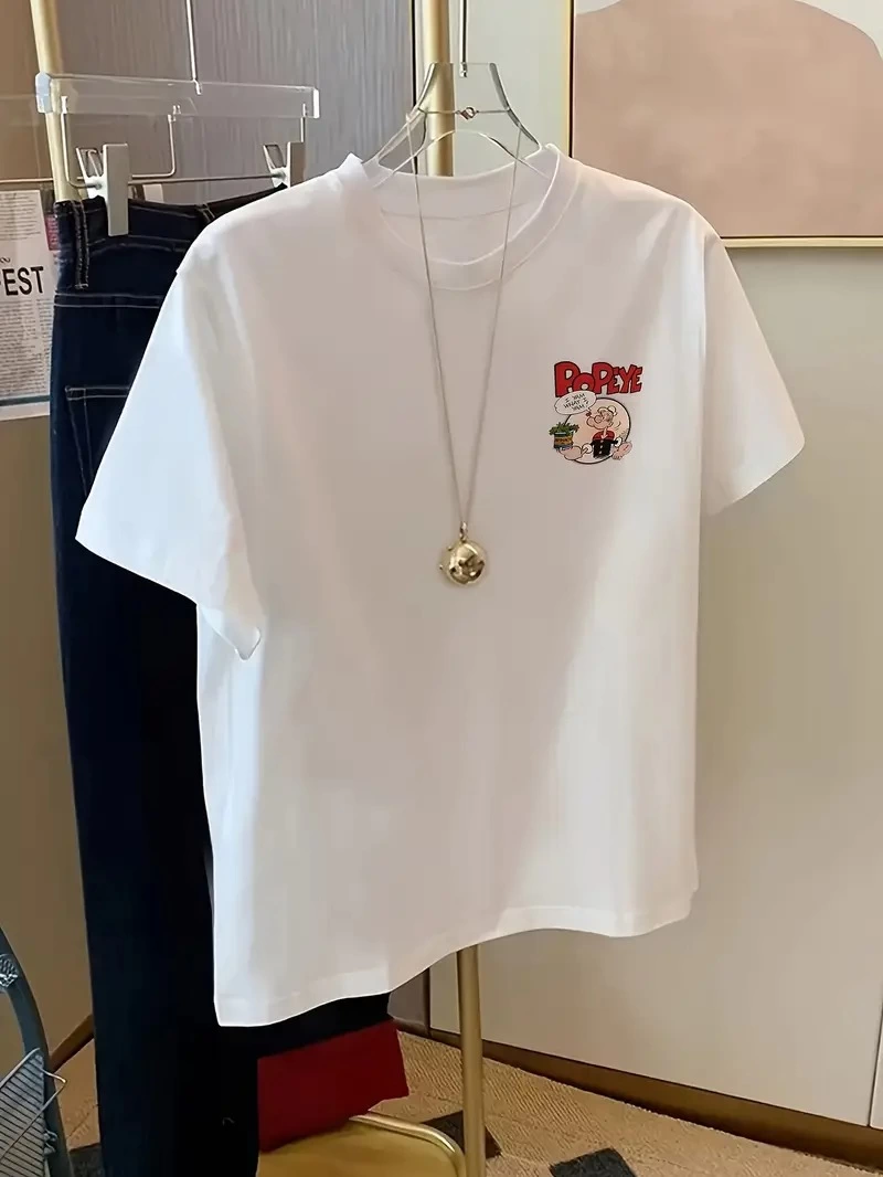 ASSEMA Erkek Oversize Kısa kol Tişört Popeye Baskılı - Beyaz