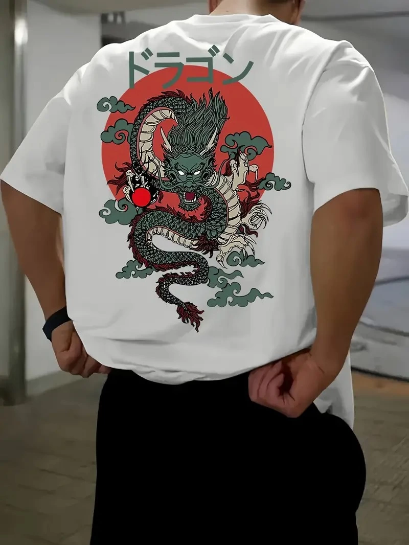 ASSEMA Erkek Penye Compack Ejder Baskılı Bisiklet Yaka T-shirt - Beyaz