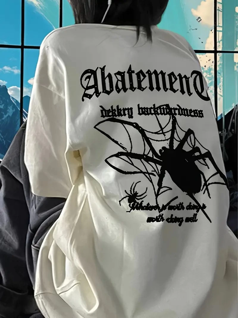 ASSEMA Kadın Örümcek Baskılı Bisiklet Yaka T-shirt - Beyaz