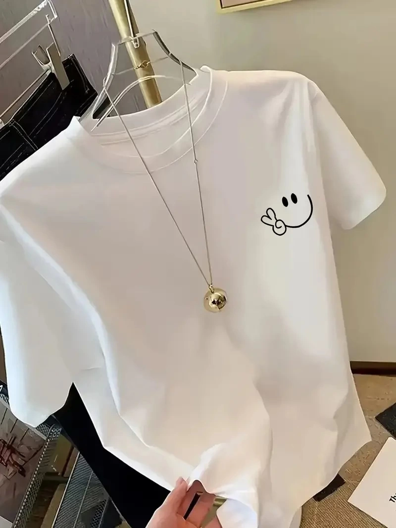 ASSEMA Kadın Bisiklet yaka Gülücük Baskılı Oversize Kısa Kol Yazlık T-shirt - Beyaz