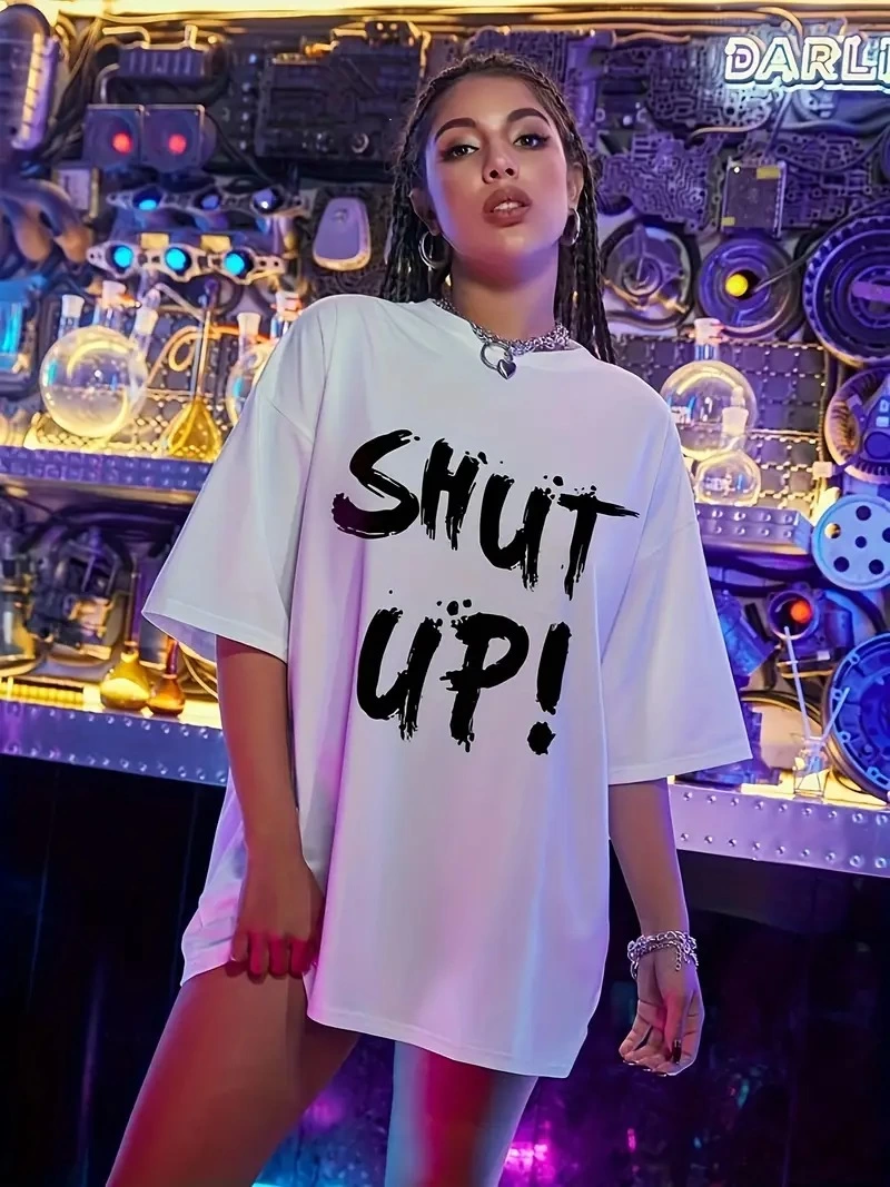 ASSEMA Kadın Penye Compack Shut Up Kısa Kol Yazlık Tişört - Beyaz