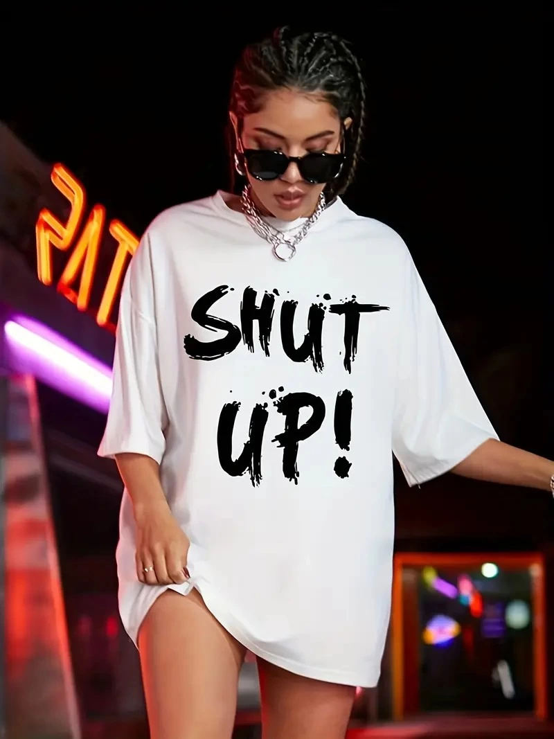 ASSEMA Kadın Penye Compack Shut Up Kısa Kol Yazlık Tişört - Beyaz