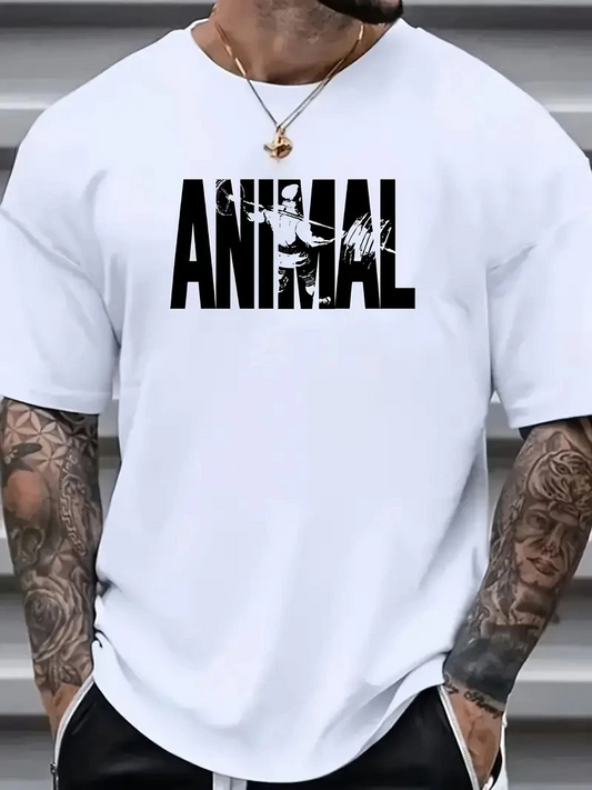 ASSEMA Erkek ANIMAL Desen Baskılı Oversive Tişört Grafik Tişört - Beyaz