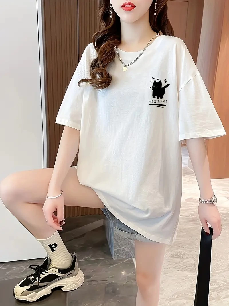 ASSEMA Kadın Penye Compack Tatlı Kedi Baskılı Bisiklet Yaka T-shirt - Beyaz