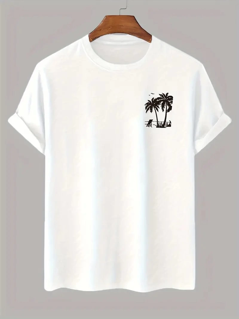 ASSEMA Erkek Palmiye Baskılı T-Shirt Kısa Kol Bisiklet Yaka Regular Fit Rahat Kalıp Tişört -  Beyaz