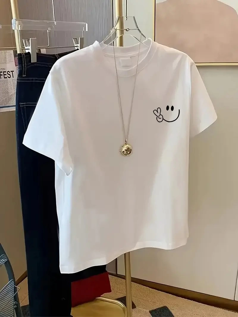 ASSEMA Kadın Bisiklet yaka Gülücük Baskılı Oversize Kısa Kol Yazlık T-shirt - Beyaz