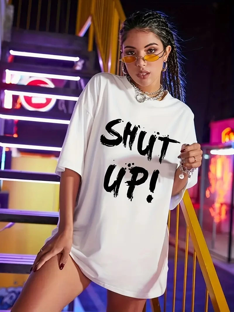ASSEMA Kadın Penye Compack Shut Up Kısa Kol Yazlık Tişört - Beyaz