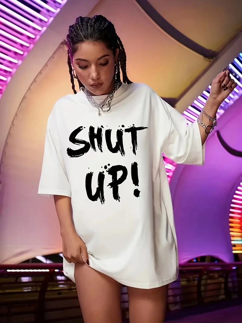 ASSEMA Kadın Penye Compack Shut Up Kısa Kol Yazlık Tişört - Beyaz