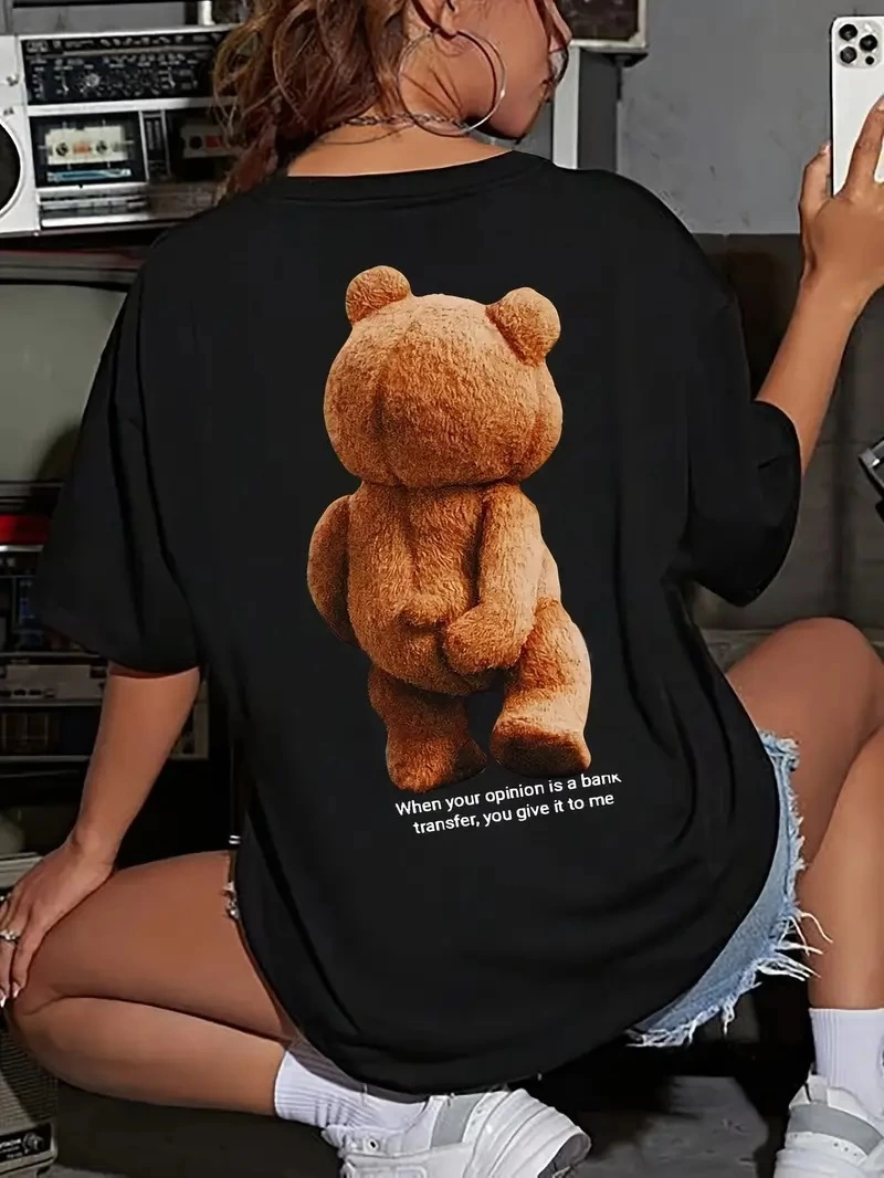 ASSEMA Kadın Büyük Boy Ayıcık Baskılı Bisiklet Kısa kol t-shirt - Siyah