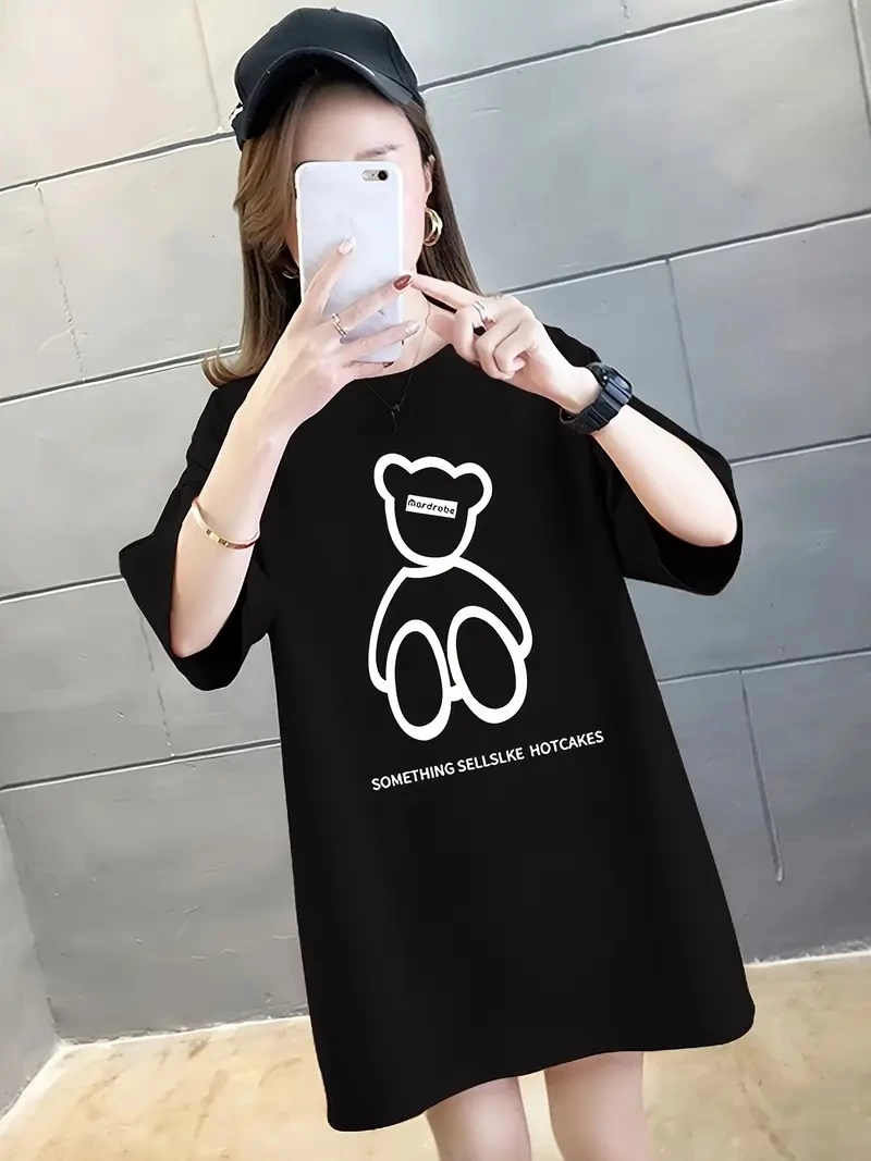 ASSEMA Kadın Penye Compack Baskılı Oversize Bisiklet Yaka T-shirt - Siyah