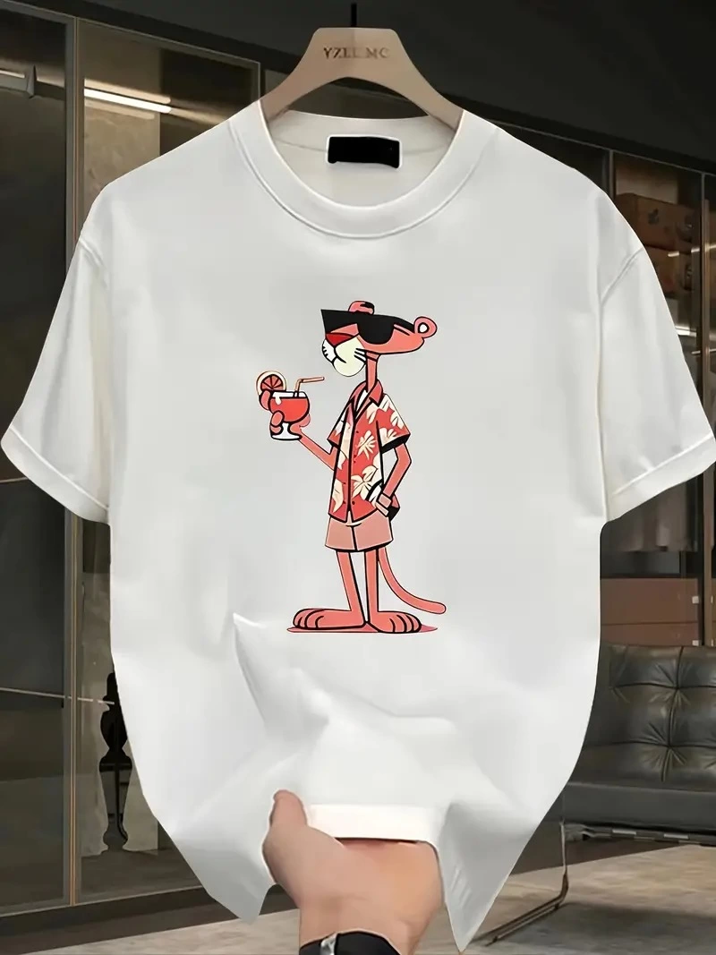 ASSEMA Erkek Bisiklet yaka t-shirt Pembe Panter Baskılı Kısa Kollu Tişört - Beyaz