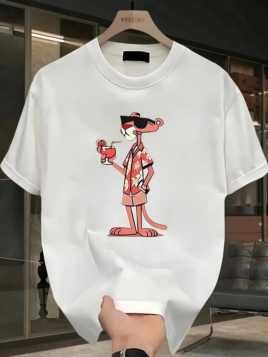 ASSEMA Erkek Bisiklet yaka t-shirt Pembe Panter Baskılı Kısa Kollu Tişört - Beyaz