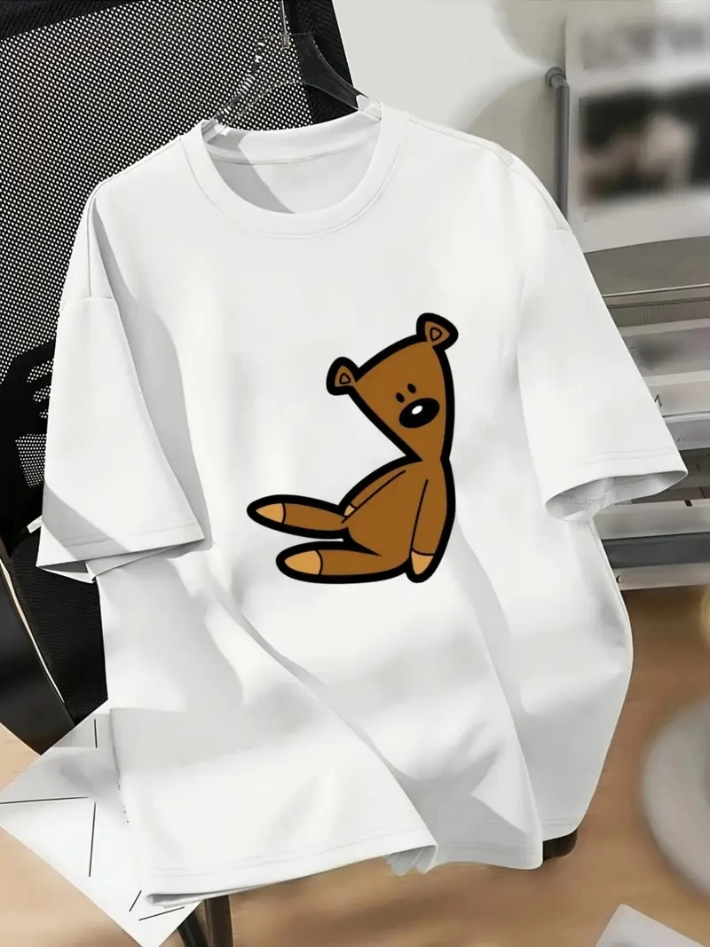 ASSEMA Kadın Penye Compack Ayı Baskılı Bisiklet Yaka Kısa Kol T-shirt - Beyaz