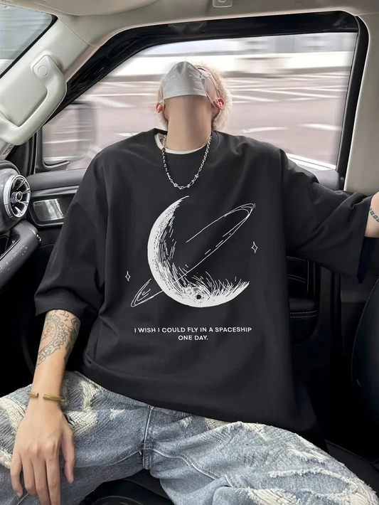 ASSEMA Erkek Baskılı Tişort Kısa Kol Bisiklet Yaka Ovarsize T-Shirt - - Siyah
