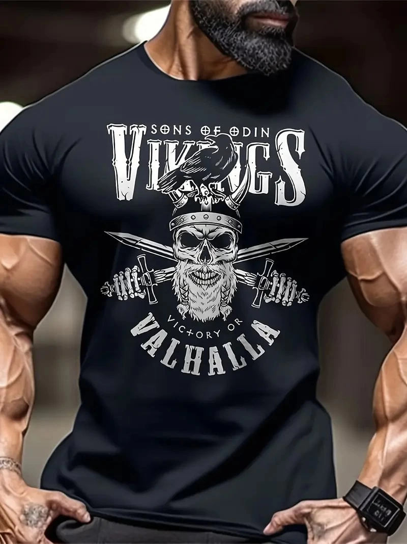 ASSEMA Erkek Bisiklet yaka ön ve arka Vikings Valhalla  T-shirt - Siyah